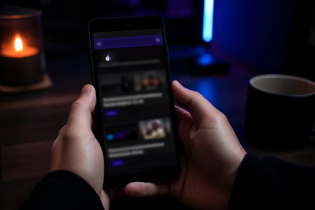 hands holding an Android phone with Tor Browser