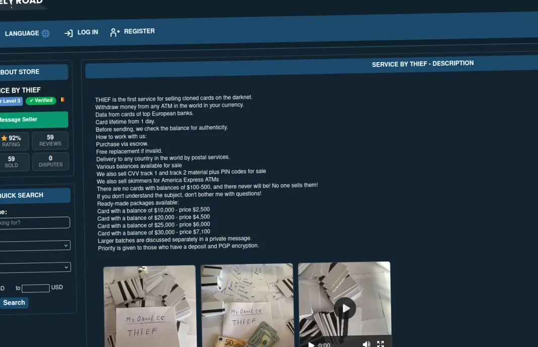 Interface of a website offering cloned cards.