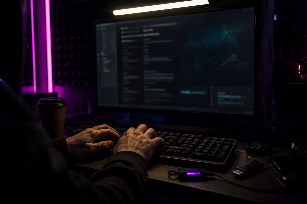 user exploring dark web resources with hands on keyboard