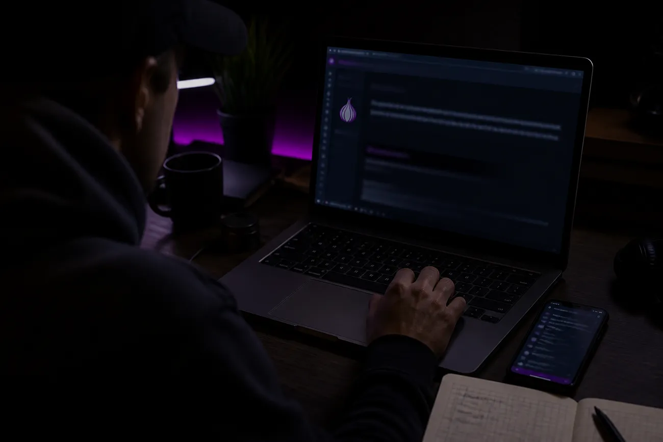 user verifying onion address on a laptop