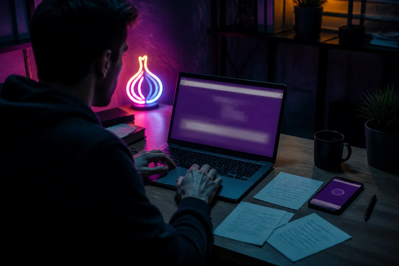 user navigating Tor homepage on laptop
