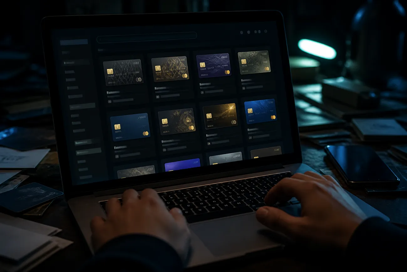 person reviewing dark web card listings on a laptop