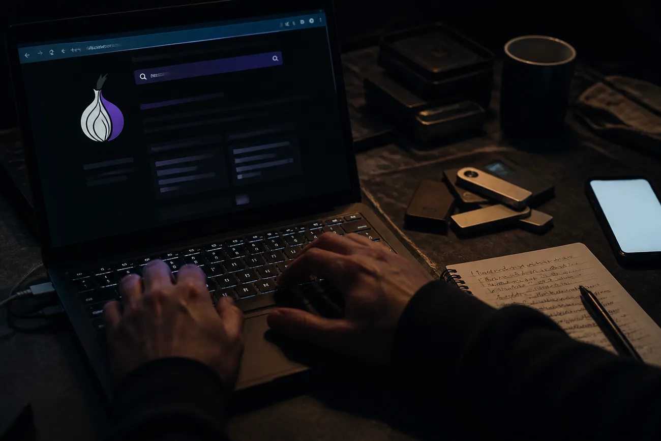 laptop screen with Tor browser and onion link
