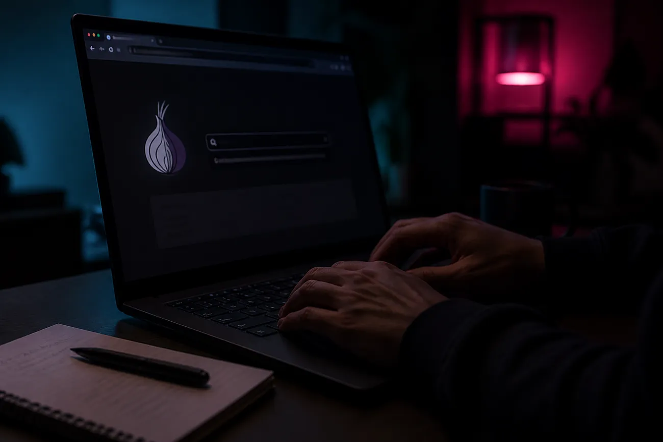 user exploring a Benumb onion link on a laptop